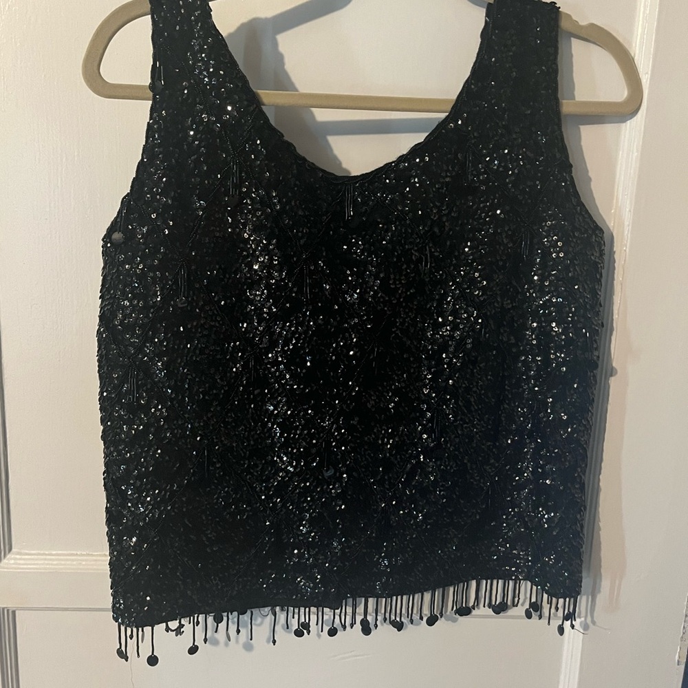 Vintage Black Sequin & Beaded Sleeveless Top - Perfect for Holiday Dressing